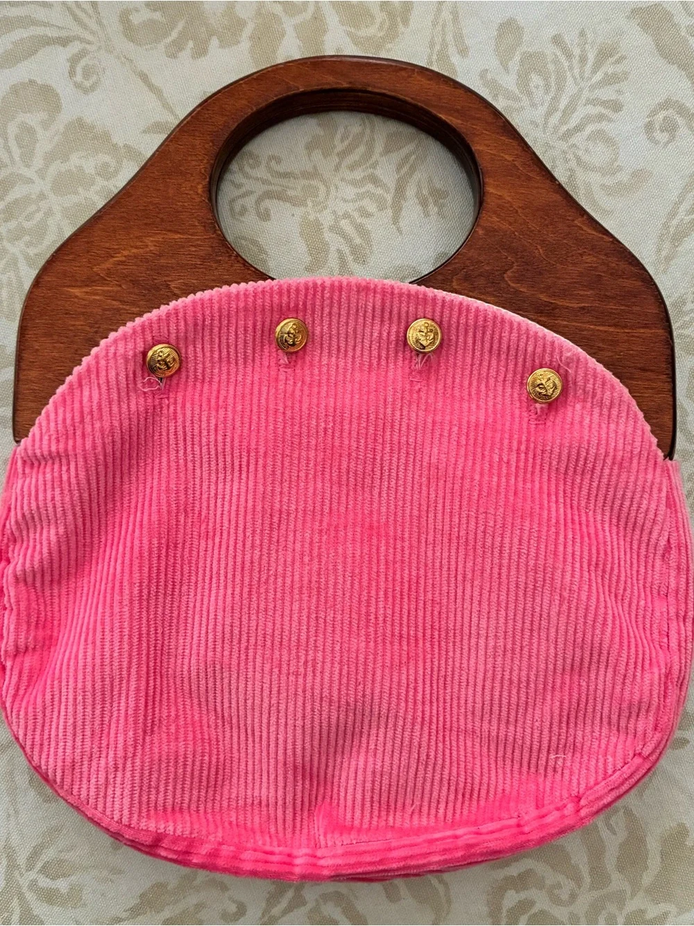 J.G. Hook Bermuda Bag Wood Handles Gold Anchor Buttons Pink Corduroy Cover